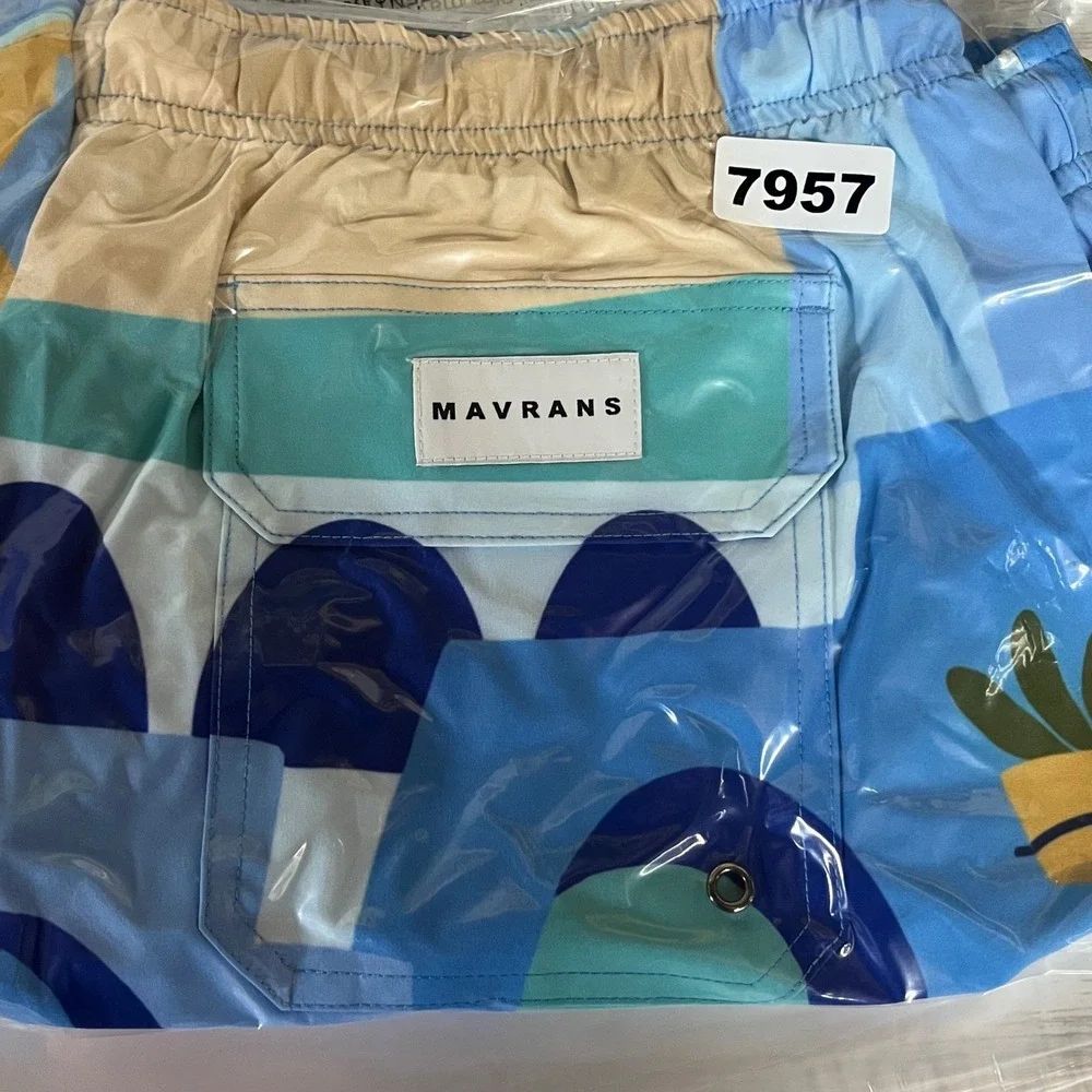 MAVRANS Mens Moroccan Swim Shorts XXL Blue Print Elastic‎ Waist Drawstring NEW